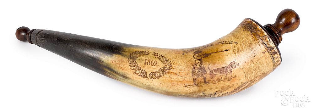 Appraisal: Engraved powder horn Engraved powder horn dated decorated with a