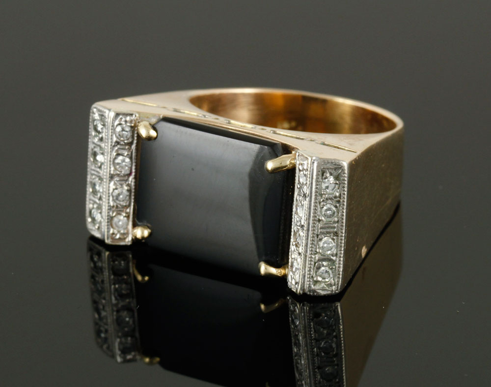 Appraisal: - Ladies' Gold Onyx and Diamond Ring Ladies' gold ring