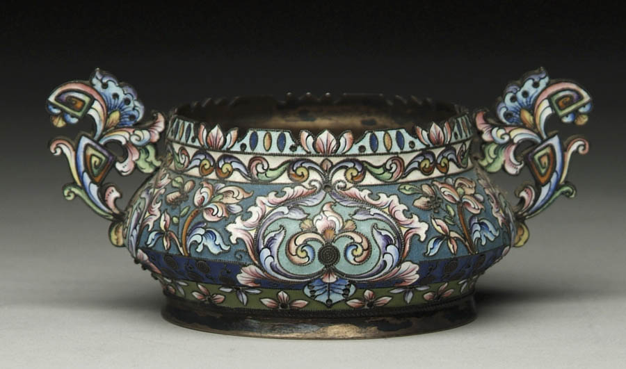 Appraisal: RUSSIAN ENAMEL TWO HANDLED OPEN SUGAR BOWL Marked on oval