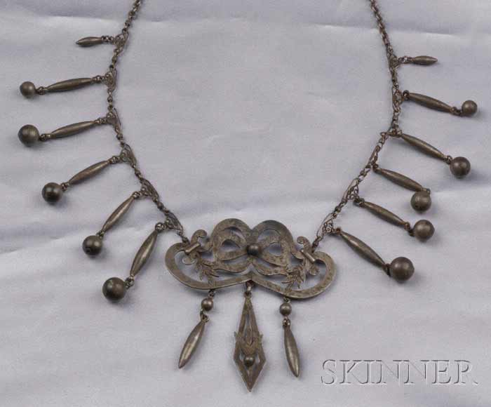 Appraisal: Unusual Antique Iron Fringe Necklace the central bow motif with