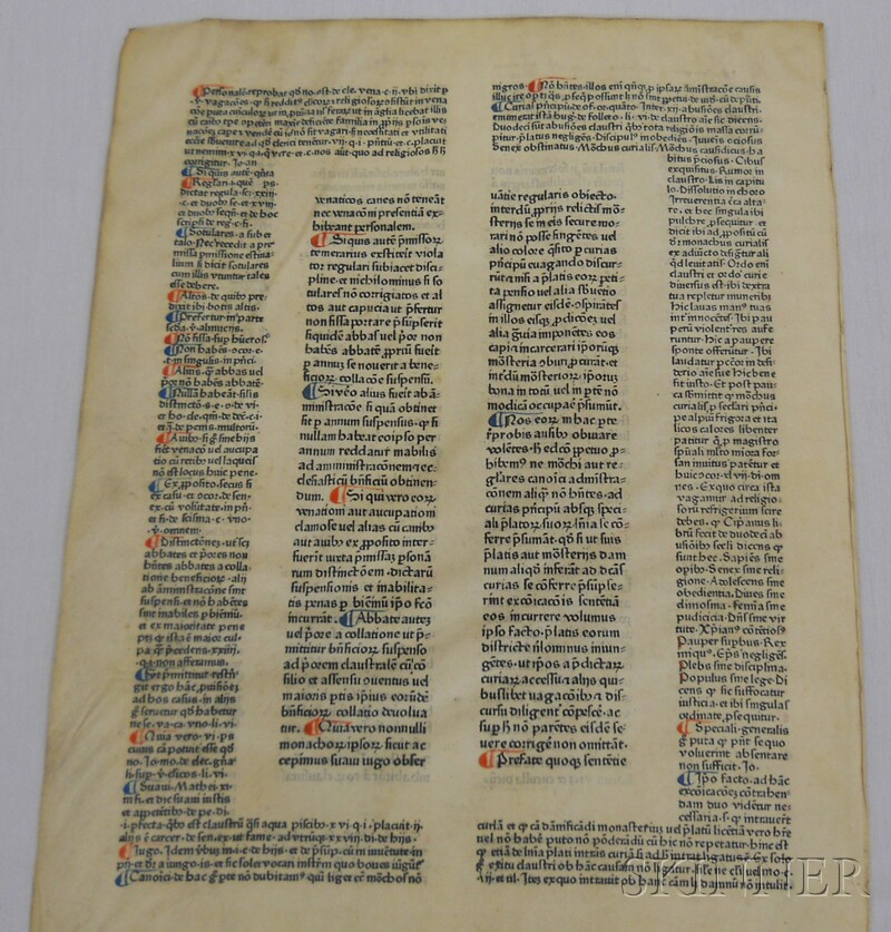 Appraisal: Incunable Manuscript leaf Mainz Peter Schoeffer c printed on vellum