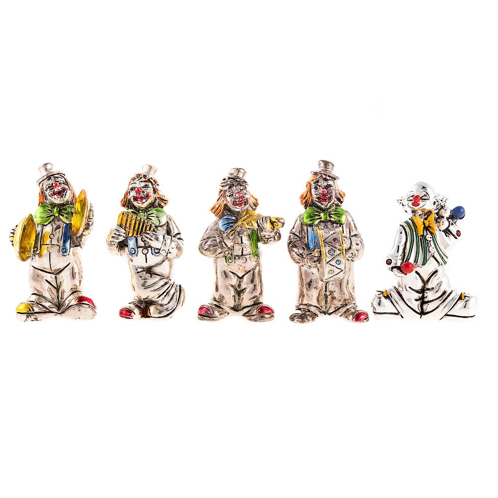 Appraisal: Five Hazorfim Sterling Figures of Clown Musicians with polychrome enamel