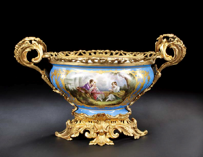 Appraisal: Large French Gilt-Brass-Mounted Bleu Celeste Porcelain Elliptical-Form Bowl fourth quarter