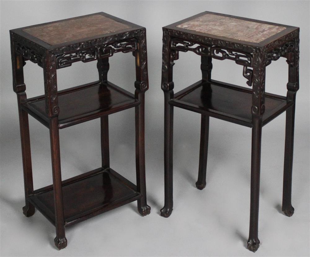 Appraisal: PAIR OF CHINESE HONGMU TIERED MARBLE TOP SIDE TABLES LATE