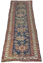 Appraisal: Kurdish Carpet Dark navy blue central panel features three large