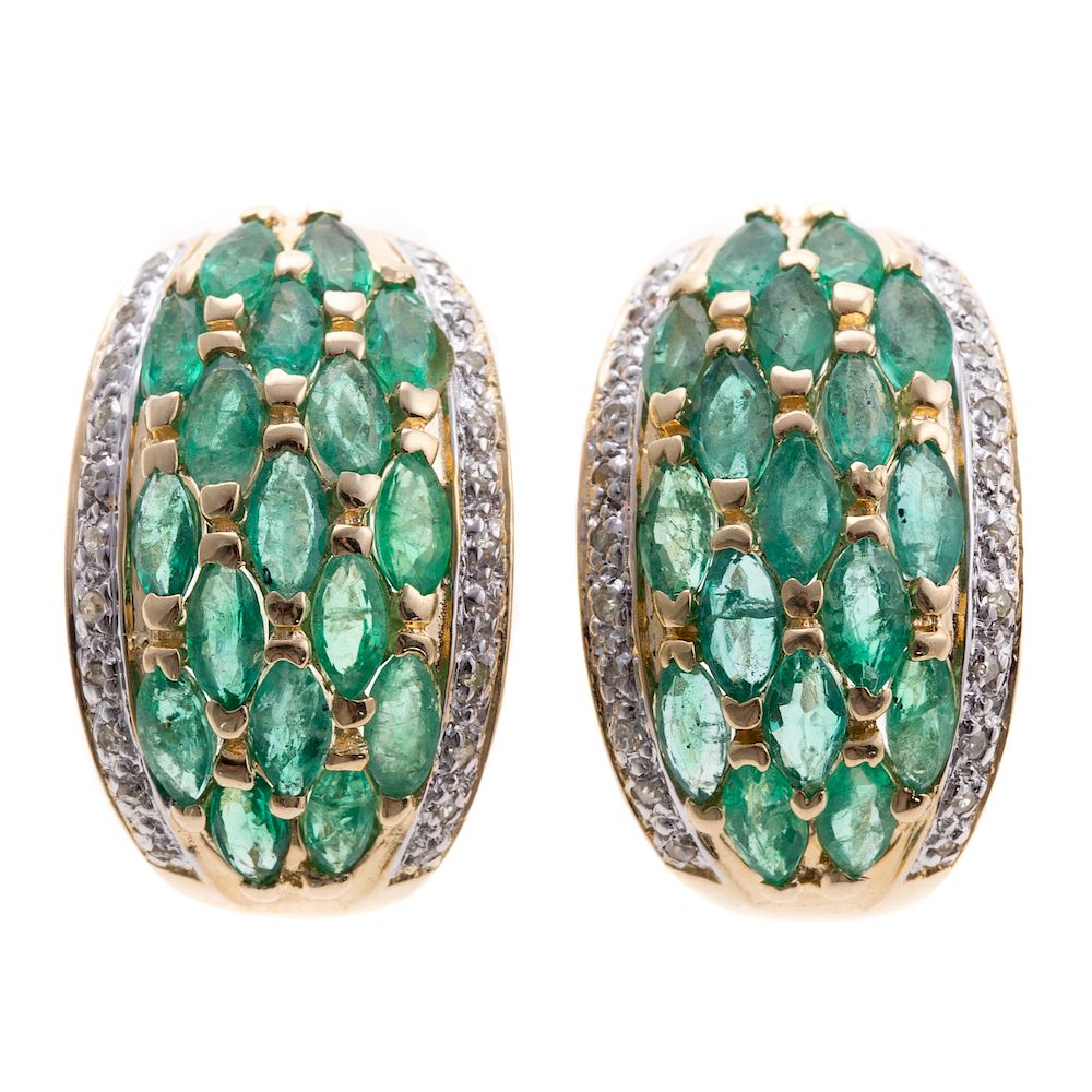 Appraisal: A Pair of Emerald and Diamond Half Hoops in K