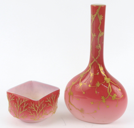 Appraisal: TWO PEACHBLOW GOLD DECORATED ART GLASS VASES each with glossy