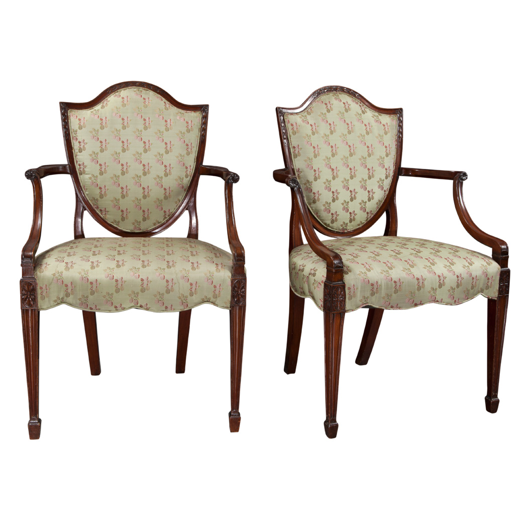 Appraisal: Pair of George III Mahogany Open Armchairs Circa Each cartouche-shaped