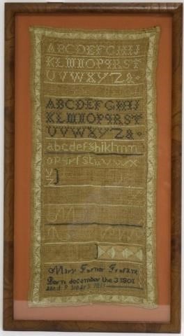 Appraisal: AMERICAN NEEDLEWORK SCHOOLGIRL SAMPLER WROUGHTBY MARY TRUFANT AGE ALPHABETS NUMBERS