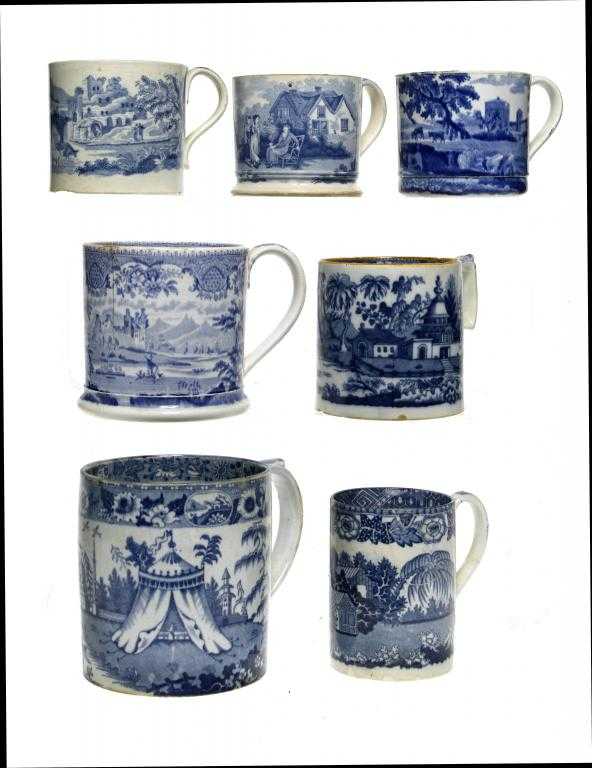 Appraisal: SEVEN BLUE PRINTED EARTHENWARE MUGS Robert Hamilton Ruined Castle Dorney