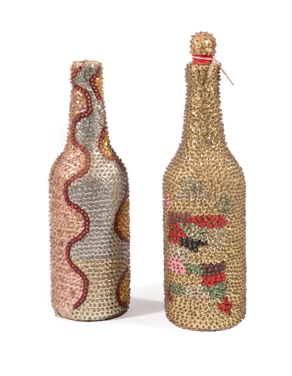 Appraisal: Haitian School th c Decorated Voudou Bottles glass bottles with