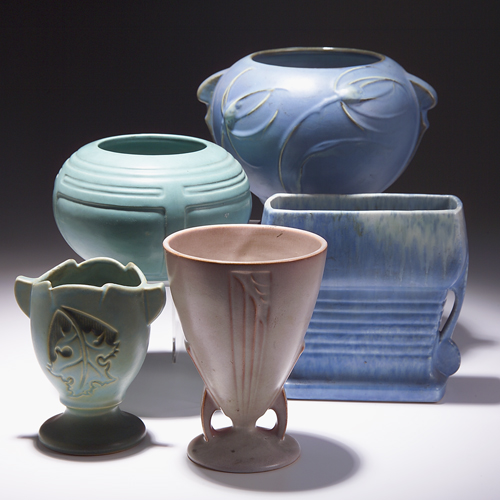 Appraisal: Five ROSEVILLE pieces to include a blue Teasel bulbous vase