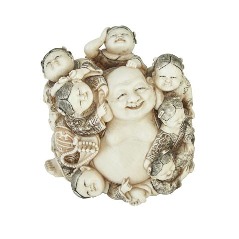 Appraisal: Japanese Ivory Okimono Hotei with Boys Showa Period Very finely