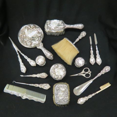 Appraisal: pcs Sterling Silver Dresser Set Art Nouveau lady floral signed