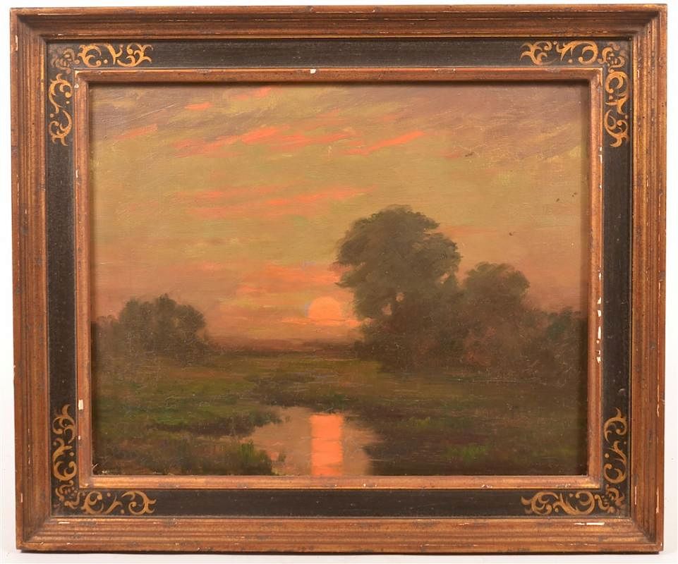 Appraisal: Oil on Canvas Sunset Landscape Painting Unsigned th Century Oil