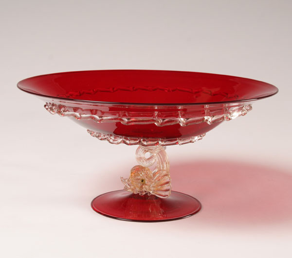 Appraisal: Early Venetian Red Art Glass Fish Compote H x Diam