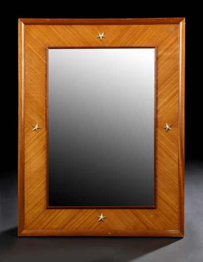 Appraisal: Contemporary Brass-Mounted Blonde Mahogany Looking Glass the rectangular mirror plate