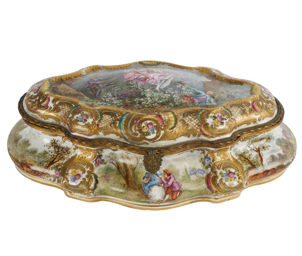 Appraisal: SEVRES-STYLE PORCELAIN BOXSevres-style interlaced L mark enclosing B the hinged