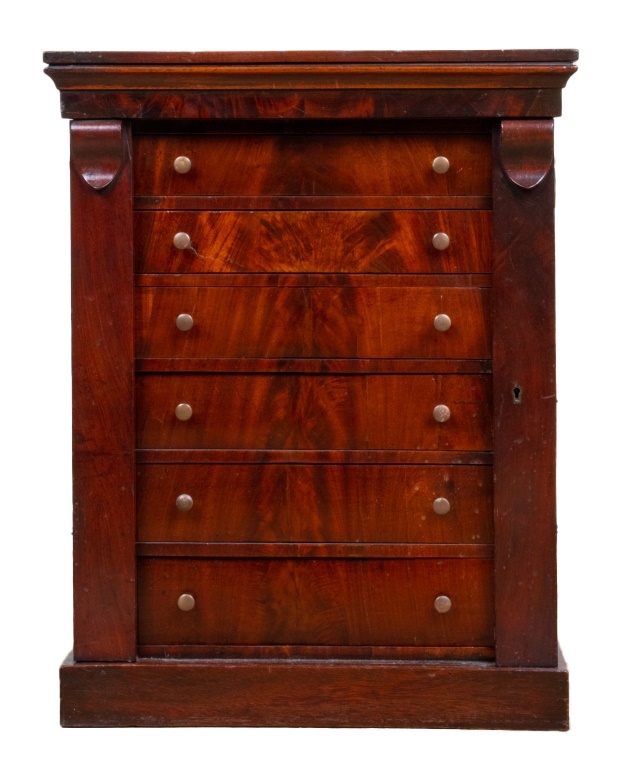 Appraisal: EMPIRE STYLE FLAME MAHOGANY VALUABLES CHEST Small Empire style side