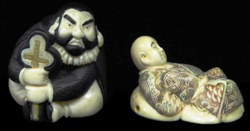 Appraisal: ASIAN Two netsuke Japanese th th C ivory including a