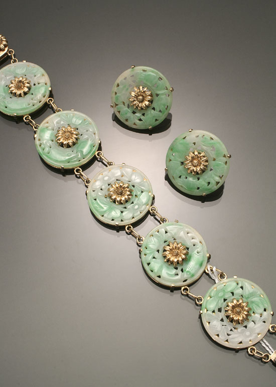 Appraisal: -Karat Yellow-Gold and Jadeite Jade Three-Piece Ensemble Consisting of a