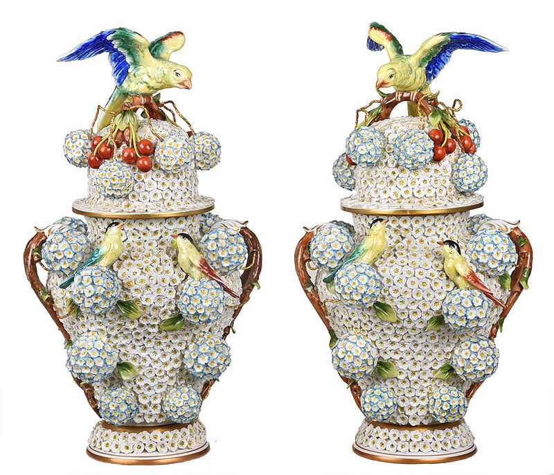 Appraisal: Pair Schneeballen Encrusted Porcelain Vases Italian th century lidded urn