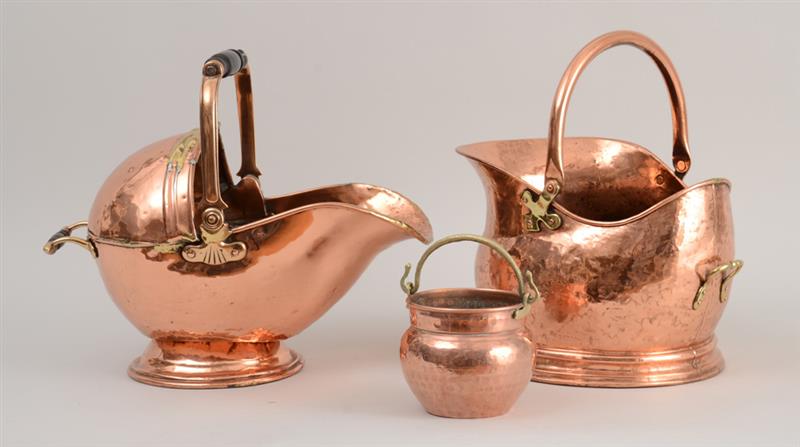 Appraisal: TWO COPPER COAL SCUTTLES AND A PAIL WITH BRASS SWING