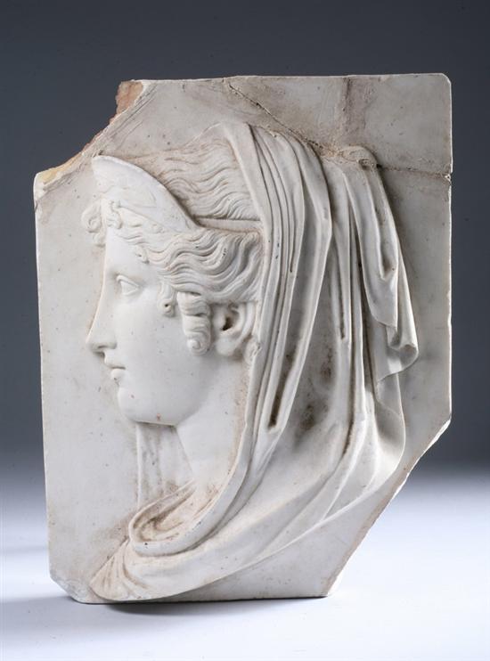 Appraisal: CONTINENTAL CARVED WHITE MARBLE PLAQUE OF A CLASSICAL BEAUTY Circa