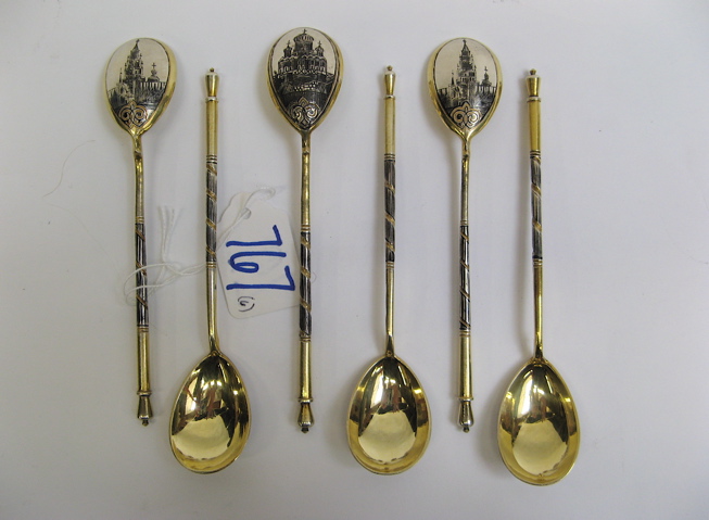 Appraisal: SIX RUSSIAN NIELLO GILT STERLING COFFEE SPOONS The set of