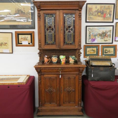 Appraisal: Antique Cupboard with Stained Glass Doors fine carving tall wide