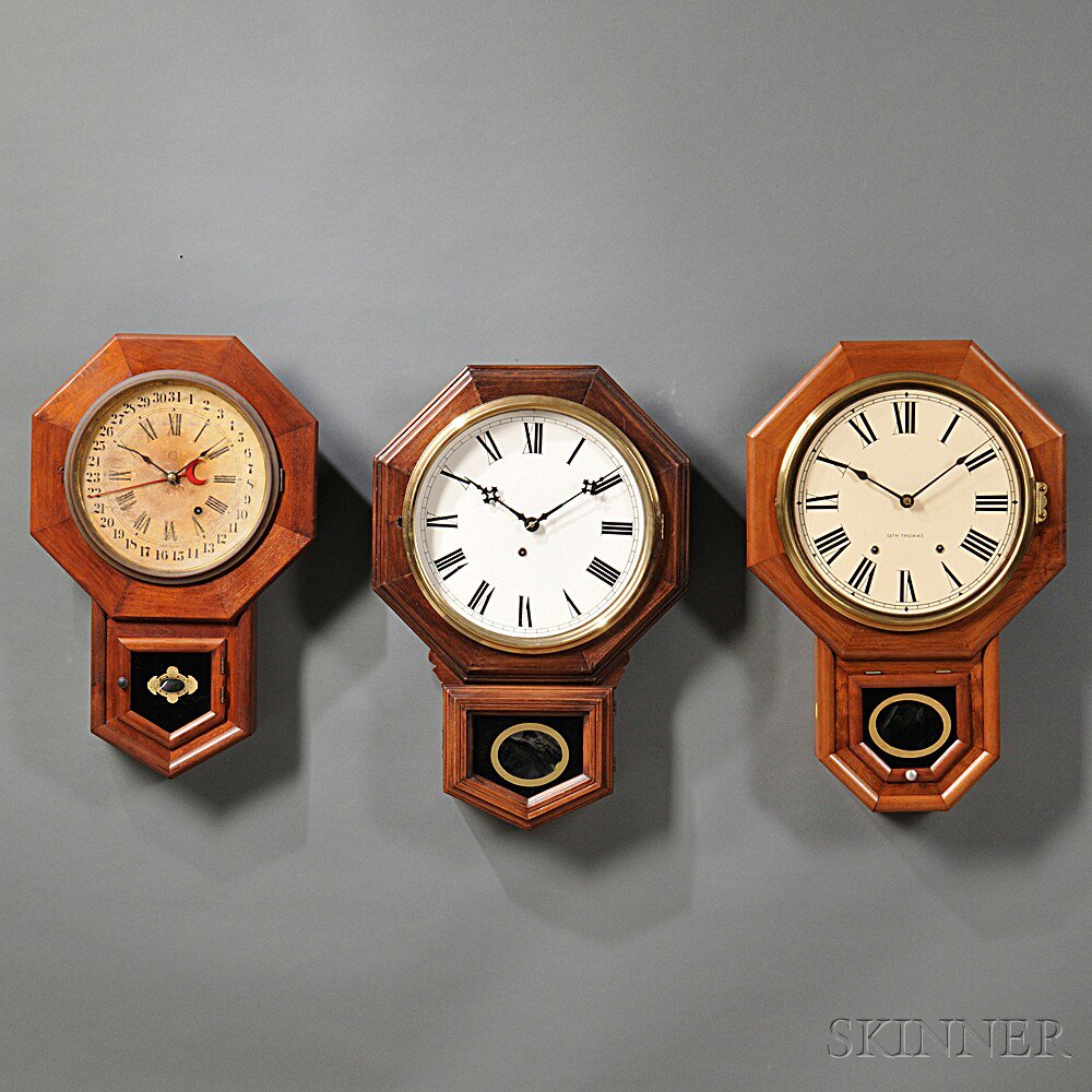 Appraisal: Three Schoolhouse Drop Octagon Wall Clocks various makers a Terry