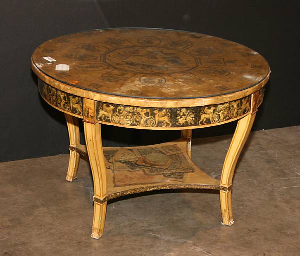 Appraisal: A Neoclassical style decoupage decorated low table height in diameter