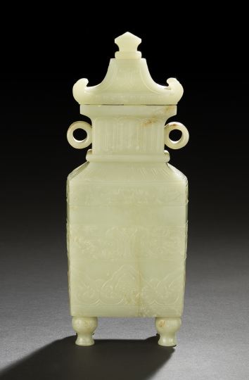 Appraisal: Chinese Carved Celadon Jade Covered Vase of squared form with