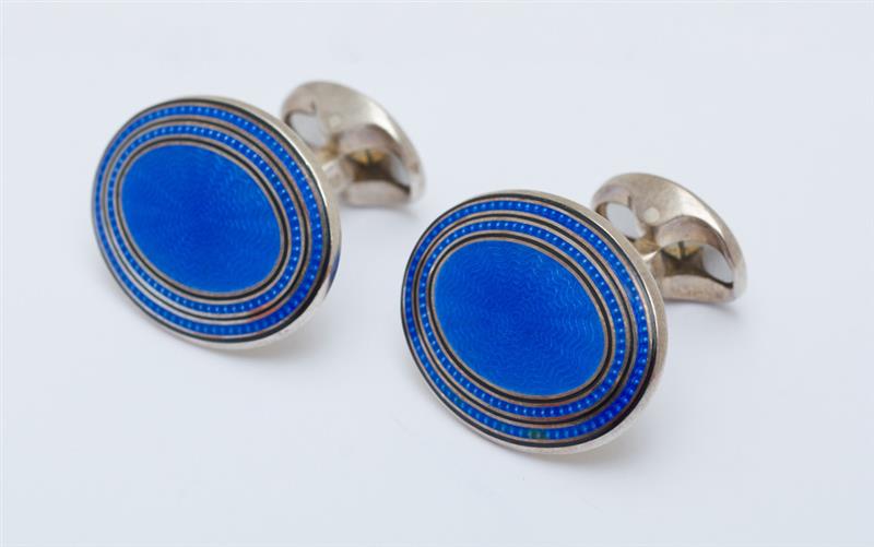 Appraisal: PAIR OF DEAKIN FRANCIS SILVER AND ENAMEL OVERSIZED CUFFLINKS With