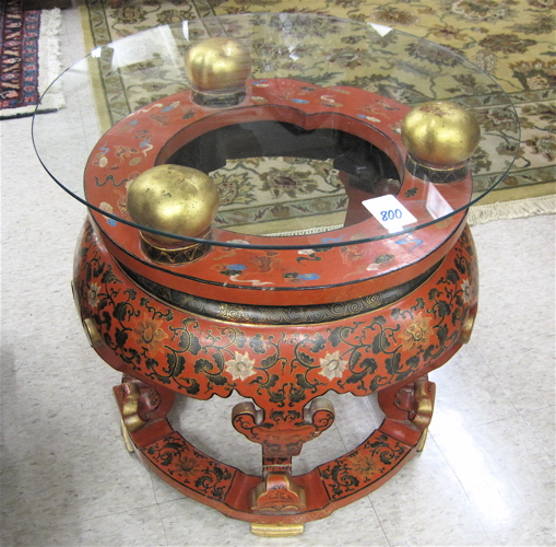 Appraisal: CHINESE RED LACQUER BOX AND LAMP TABLE quatrefoil-shaped table box