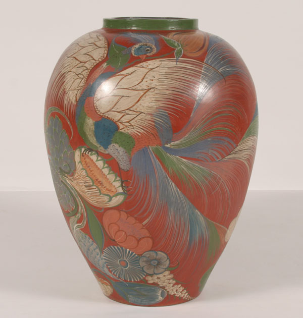 Appraisal: Large painted Mexican pottery jar vase muted floral and avian