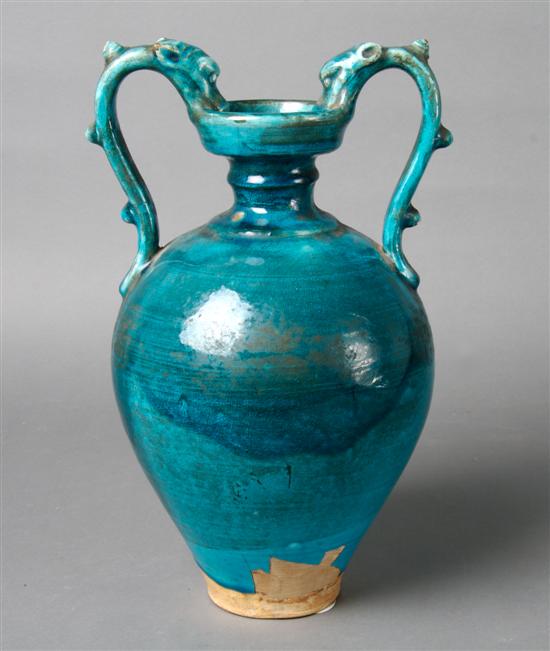 Appraisal: A Ceramic Turquoise Glazed Amphora Vase Height inches