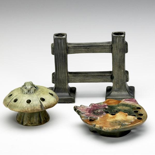 Appraisal: WELLER Three Muskota pieces two flower frogs and one gate