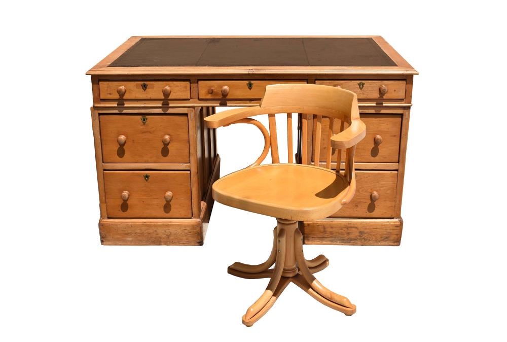 Appraisal: GEORGE III STYLE PINE PEDESTAL PARTNERS DESKThe rectangular leather-inset top