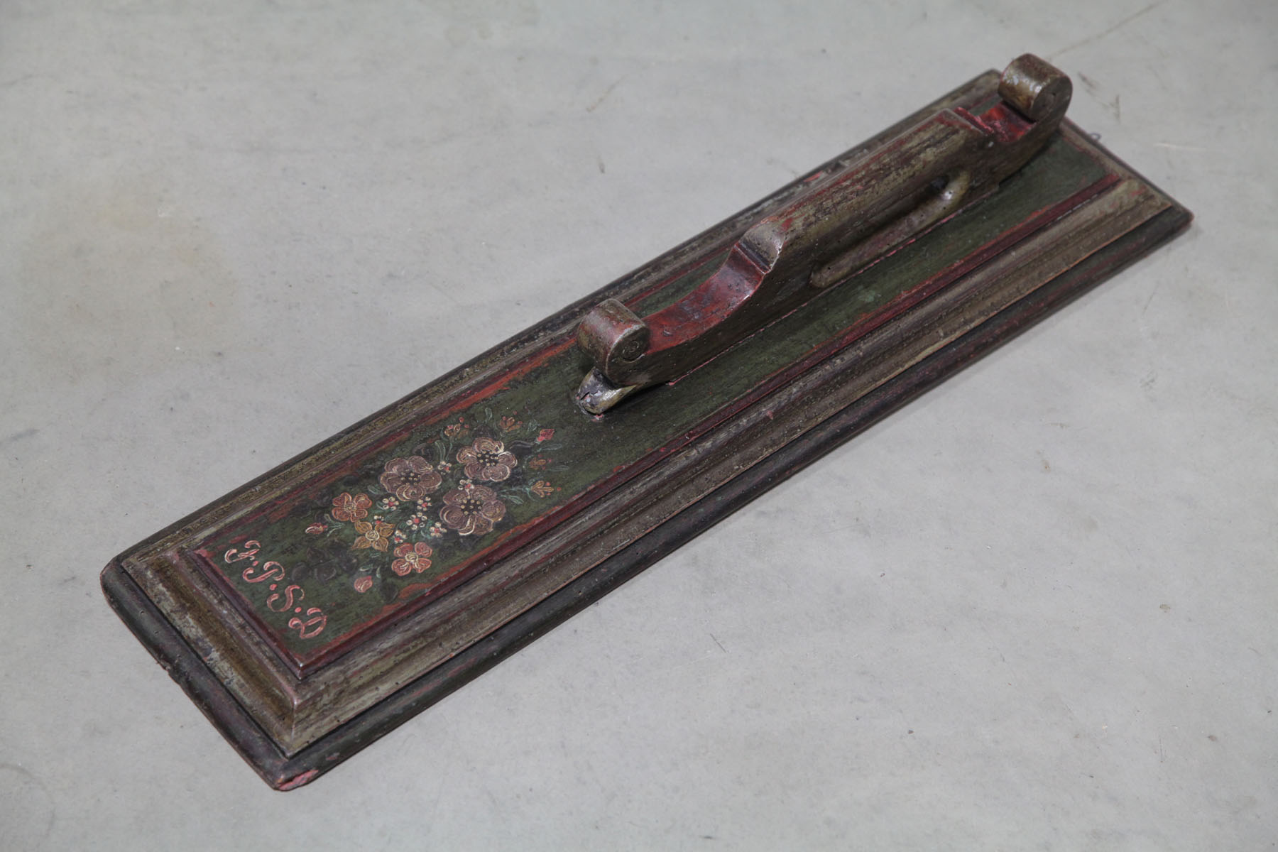 Appraisal: SMOOTHING BOARD Most likely European Bevelled edge with scroll handle