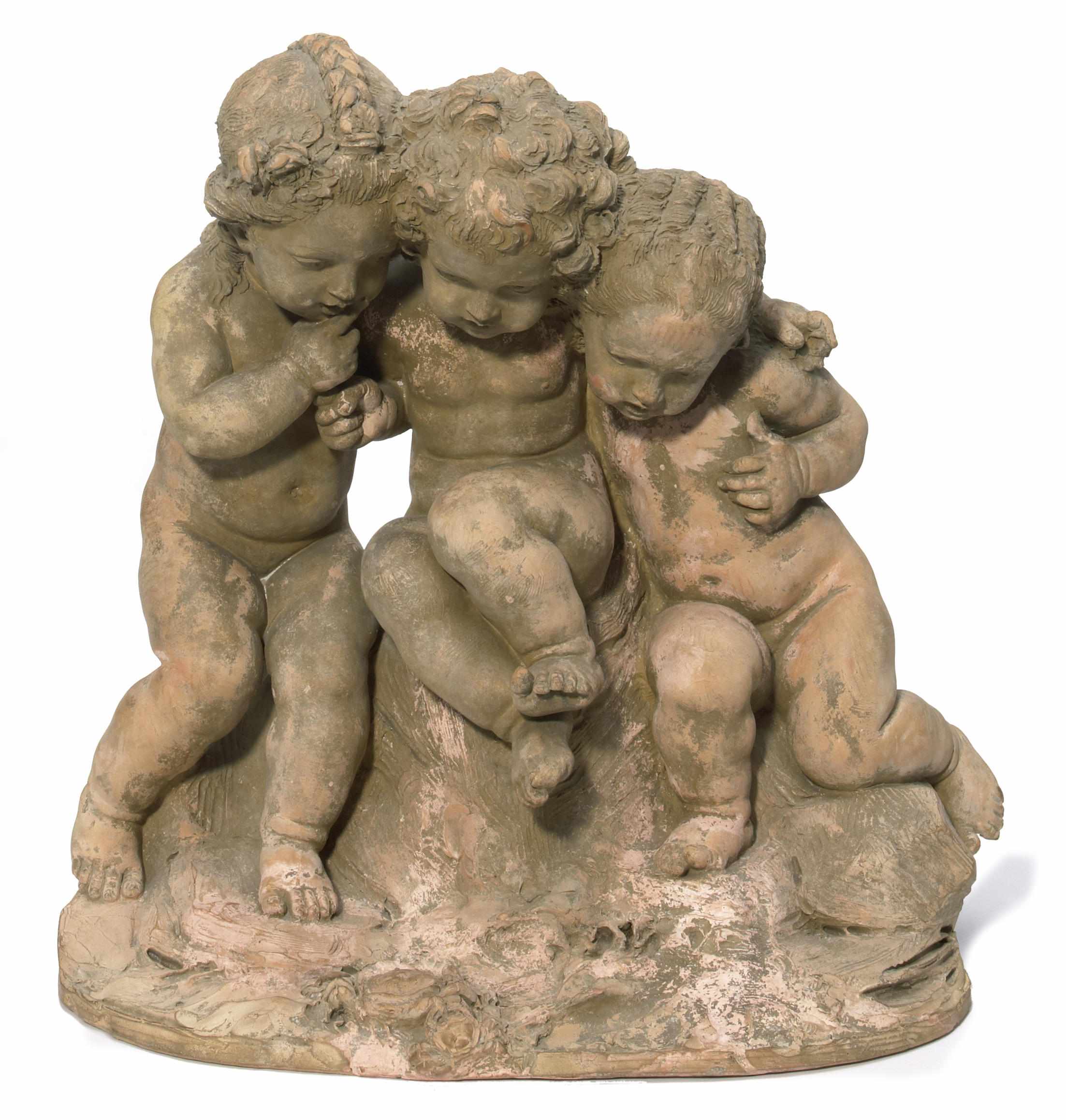 Appraisal: A French terracotta figural group of three putti th centuryheight