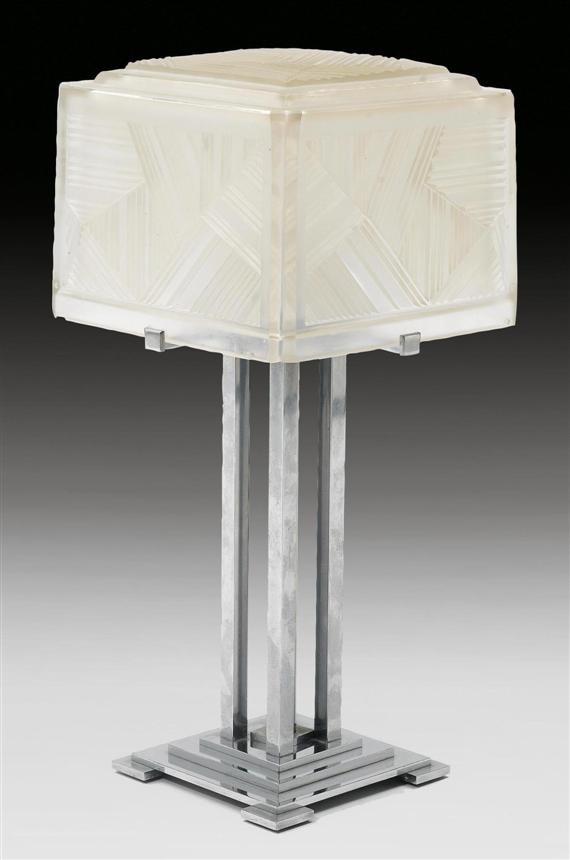 Appraisal: SABINO style of TABLE LAMP circa Metal and frosted glass