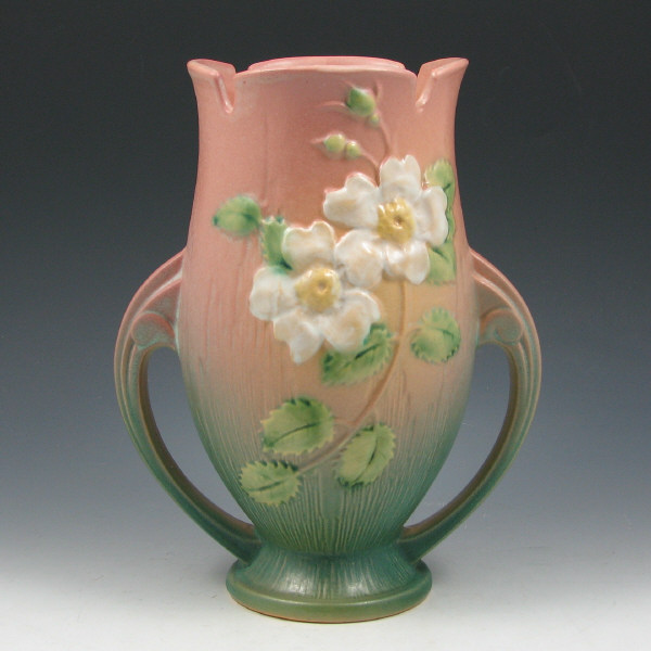 Appraisal: Roseville White Rose handled vase in pink and green Marked