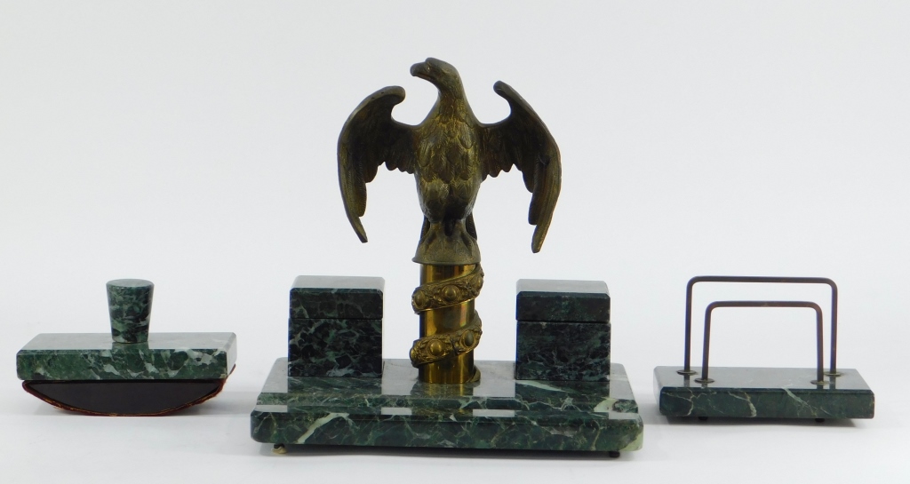 Appraisal: FRENCH EMPIRE BRONZE EAGLE GREEN MARBLE DESK SET France th