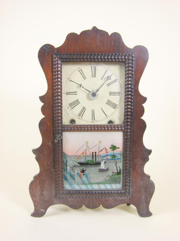 Appraisal: An American Mantel Clock with glass panel decorated steam vessel