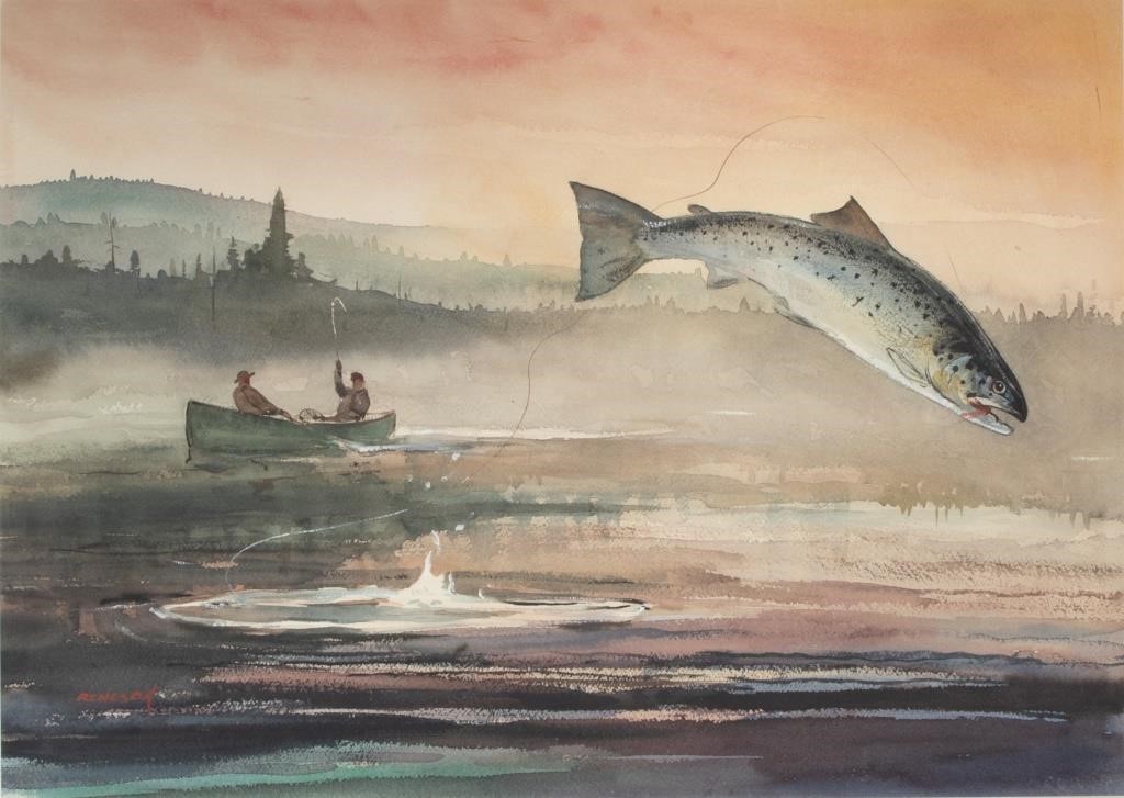 Appraisal: Landlocked Salmon Fishing signed Reneson lower left watercolor by in