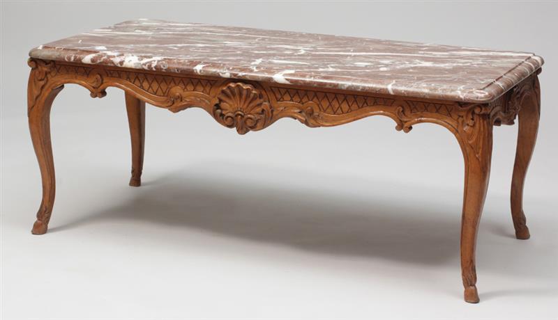 Appraisal: Louis XV Style Carved Oak Low Table Fitted with marble