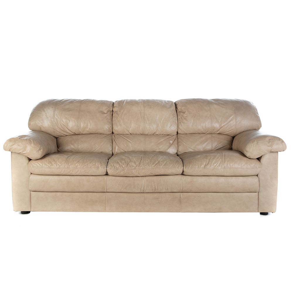 Appraisal: Contemporary Leather -Cushion Sofa With attached cushions in H in