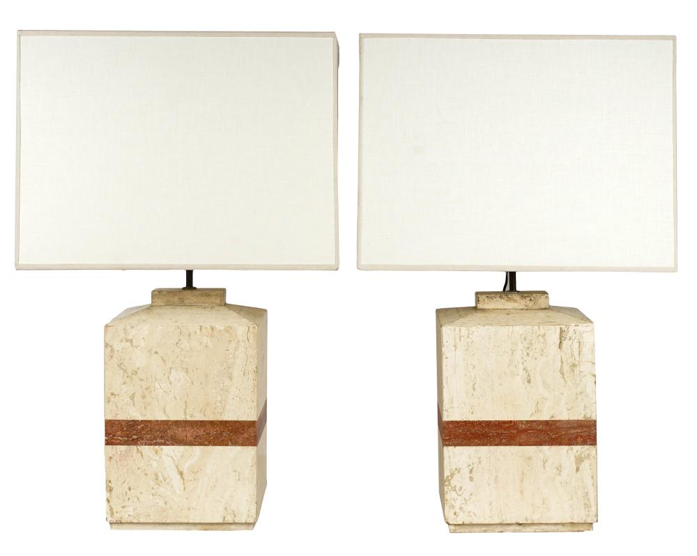 Appraisal: PAIR OF ITALIAN STONE TABLE LAMPSunsigned each with linen shade