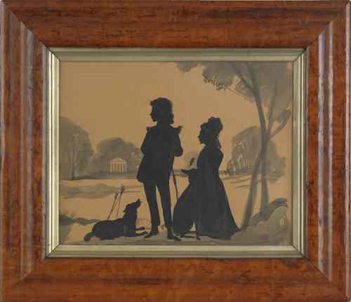 Appraisal: Watercolor silhouette ca of a young couple in a landscape